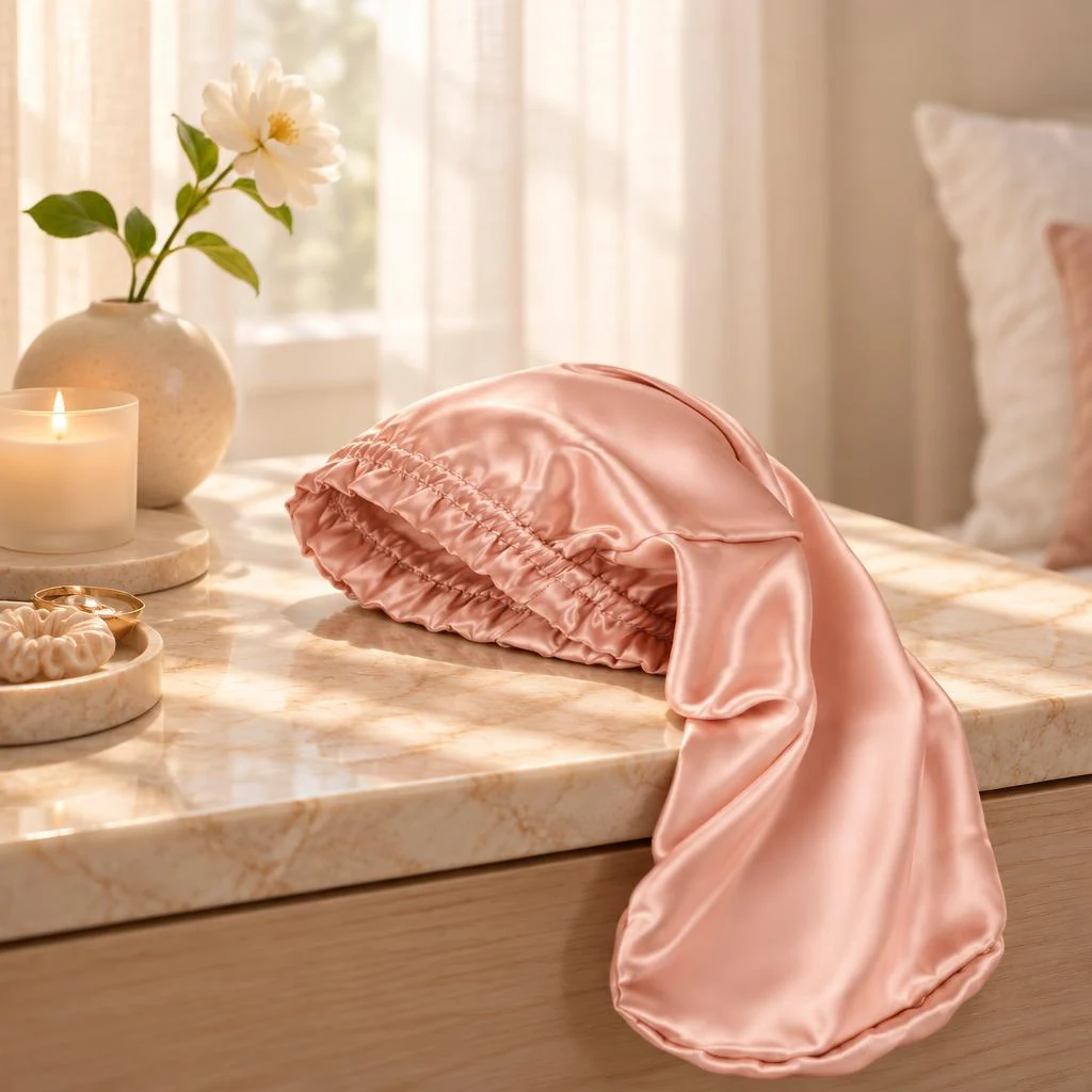 Gorro de Seda para Pelo Largo y Rizado - Rosa Pétalo - Fotografía de estilo de vida y cuidado capilar