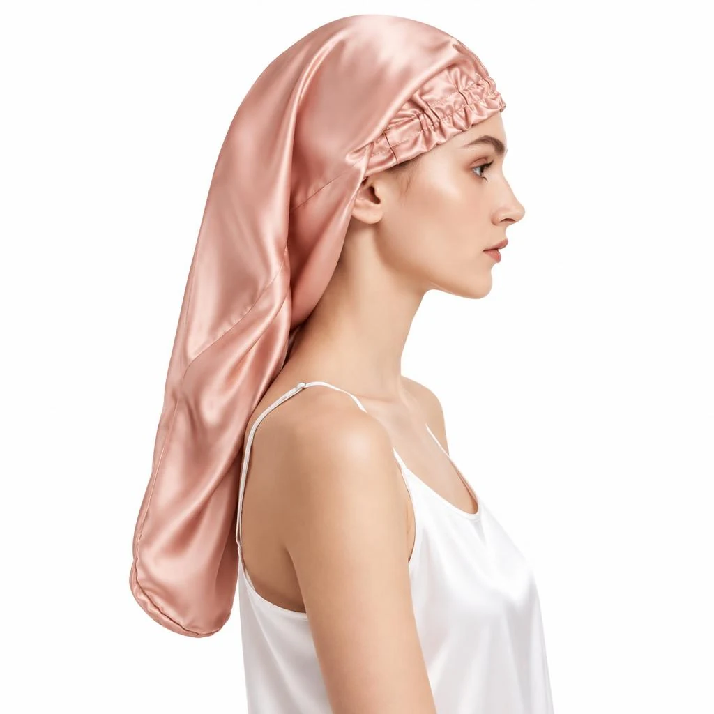 Modelo luciendo Gorro de Seda para Pelo Largo y Rizado - Rosa Pétalo