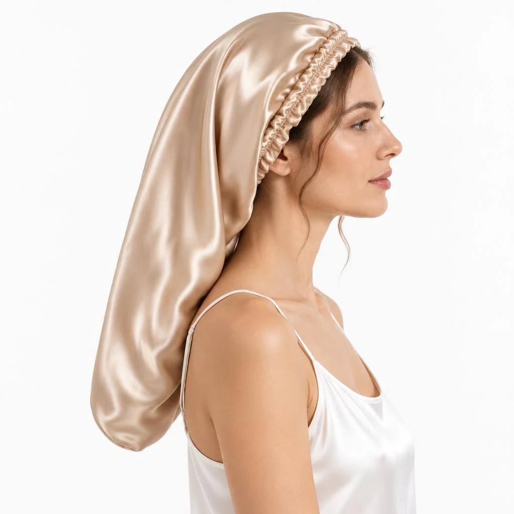 Modelo luciendo Gorro de Seda para Pelo Largo y Rizado - Oro Champán