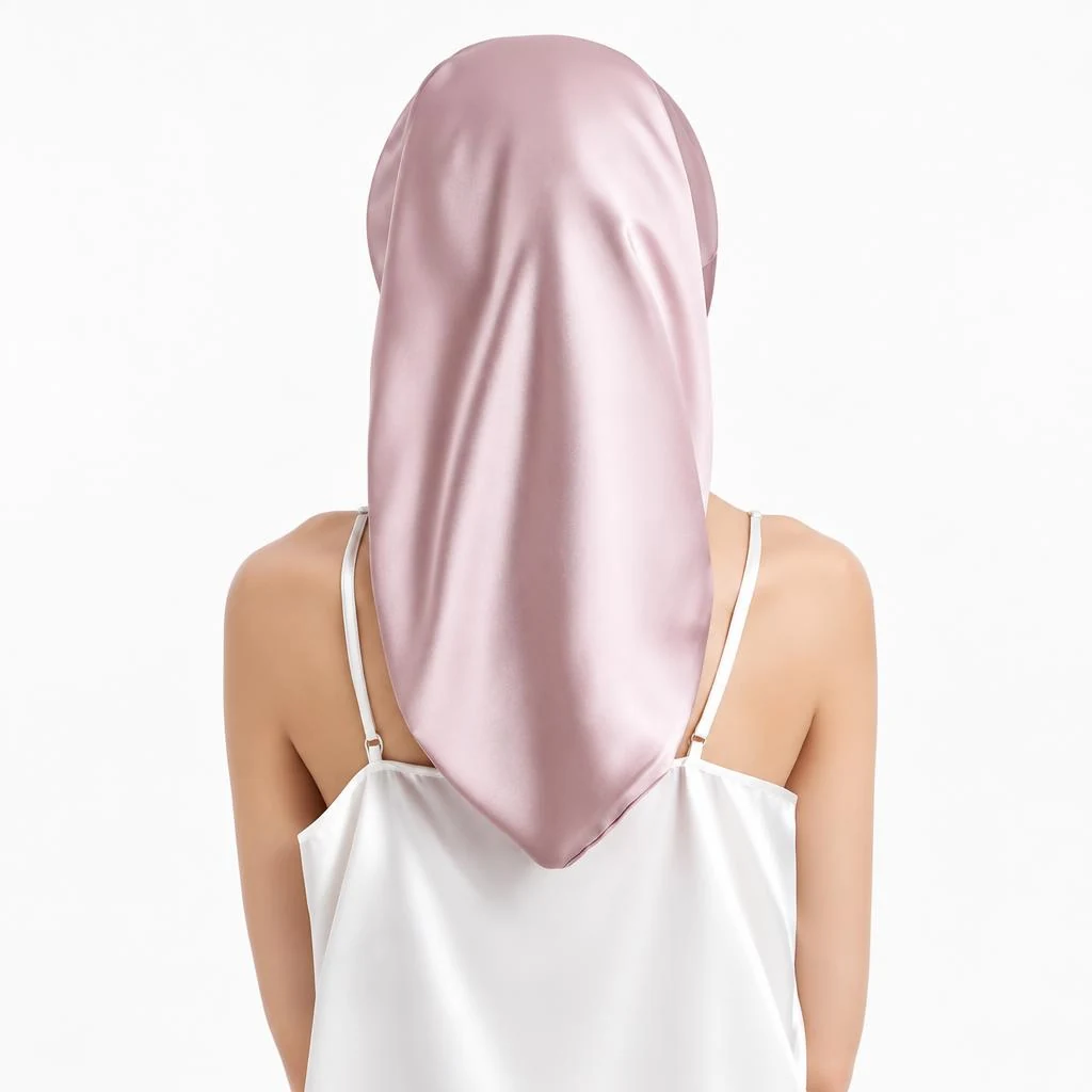 Gorro de Seda para Pelo Largo y Rizado - Rosa Empolvado - Vista trasera con cobertura completa de la melena
