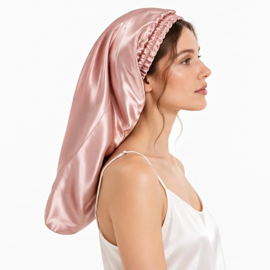 Modelo luciendo Gorro de Seda para Pelo Largo y Rizado - Rosa Empolvado