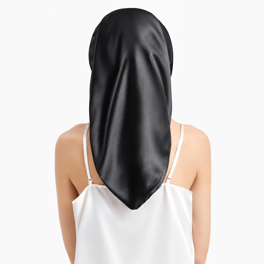 Gorro de Seda para Pelo Largo y Rizado - Negro Noche - Vista trasera con cobertura completa de la melena