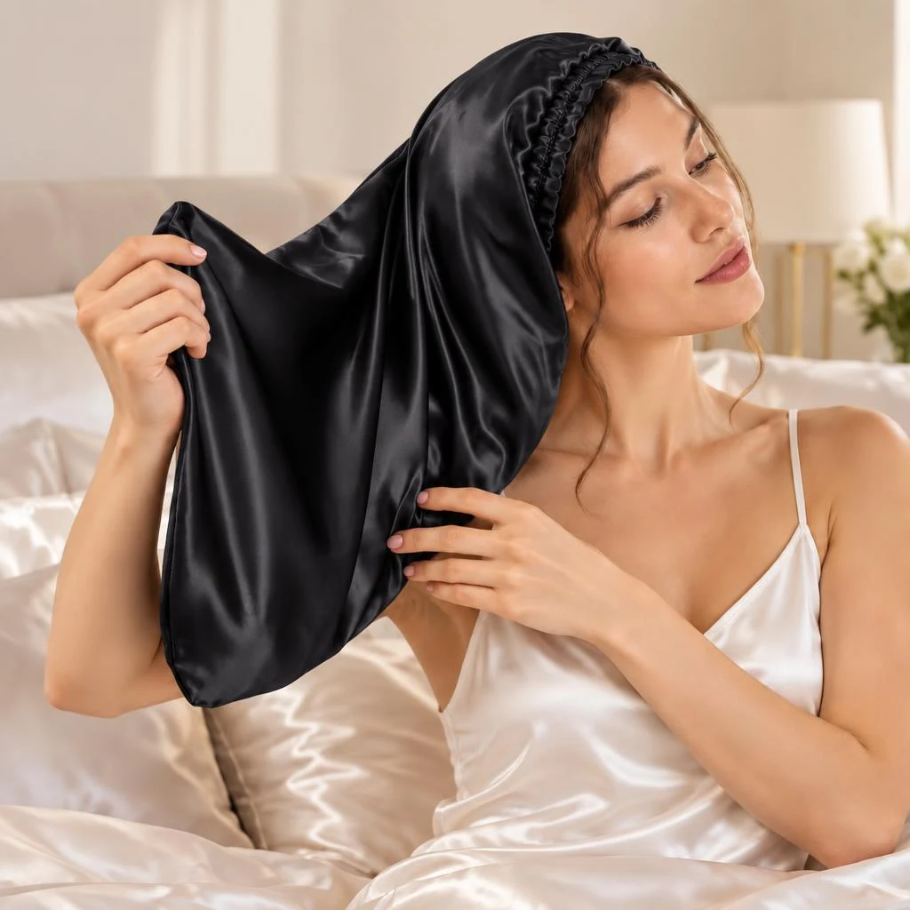 Gorro de Seda para Pelo Largo y Rizado - Negro Noche - Demostración de colocación y recogida del pelo