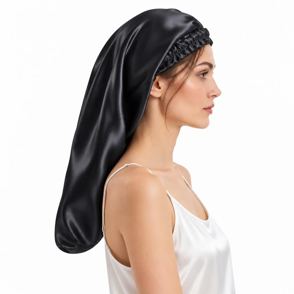 Modelo luciendo Gorro de Seda para Pelo Largo y Rizado - Negro Noche