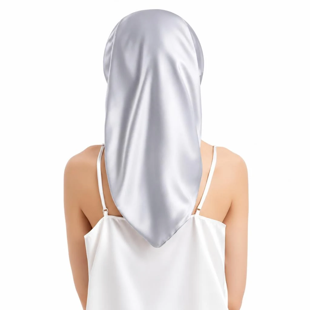 Gorro de Seda para Pelo Largo y Rizado - Gris Plata - Vista trasera con cobertura completa de la melena