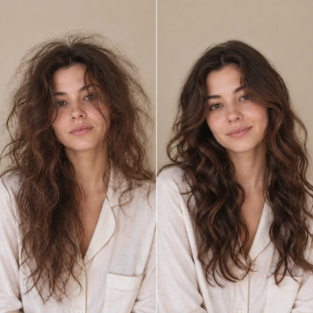 Comparativa del cabello antes y después de dormir con gorro de seda natural de morera
