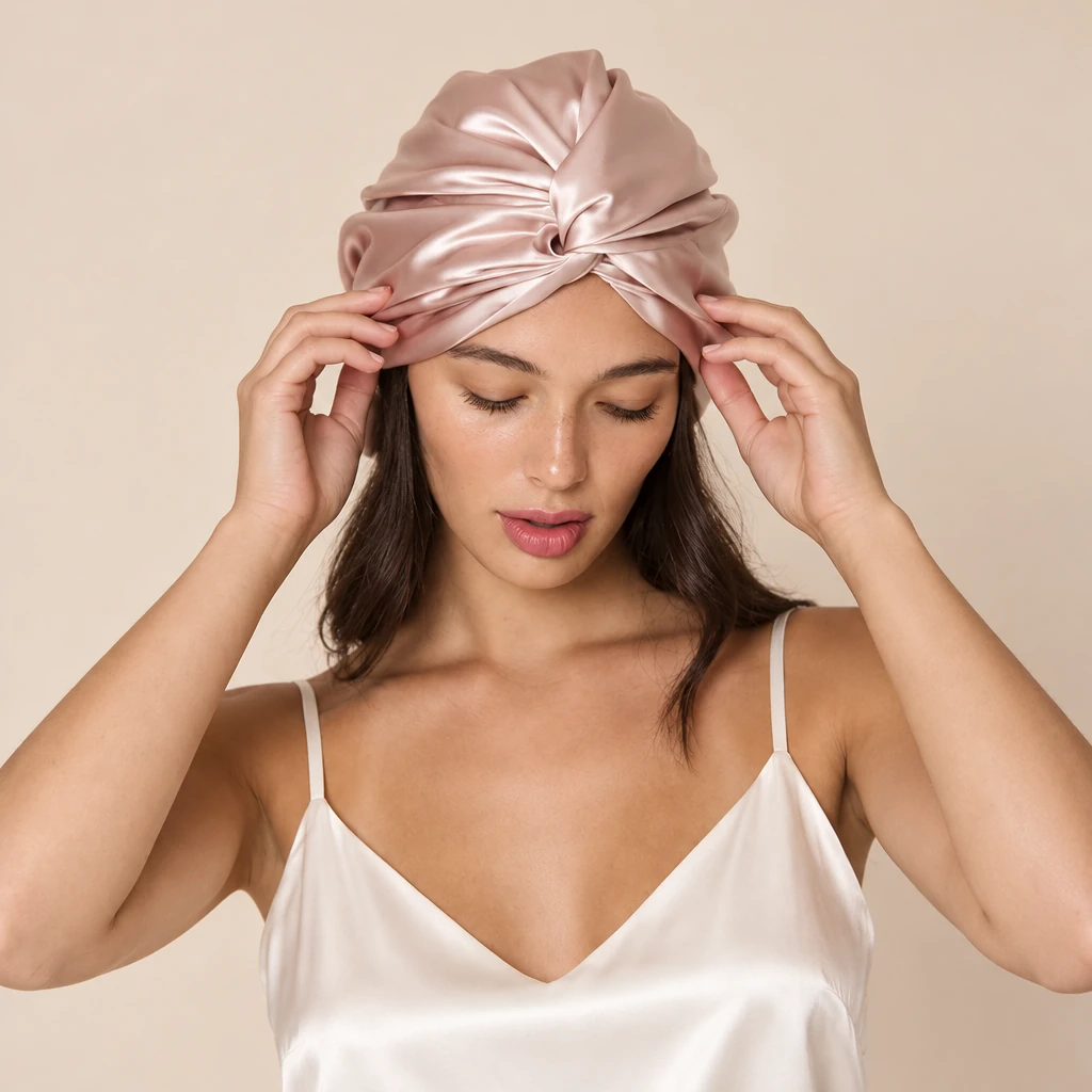 Modelo luciendo Gorro de Seda de Morera Estándar - Rosa Pétalo