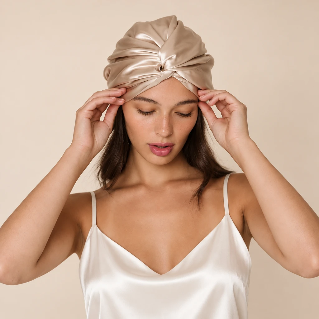 Modelo luciendo Gorro de Seda de Morera Estándar - Oro Champán