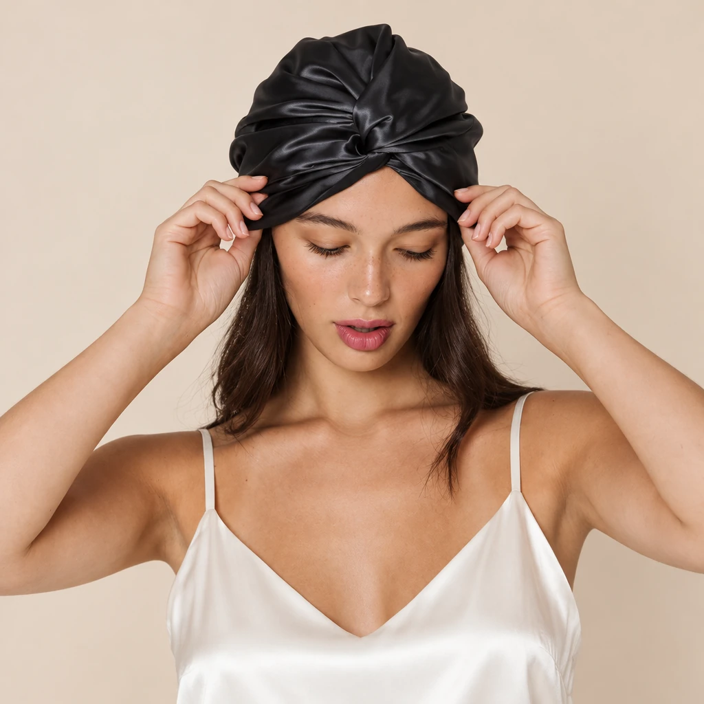 Modelo luciendo Gorro de Seda de Morera Estándar - Negro Noche
