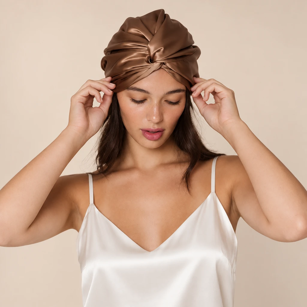 Modelo luciendo Gorro de Seda de Morera Estándar - Marrón Moca
