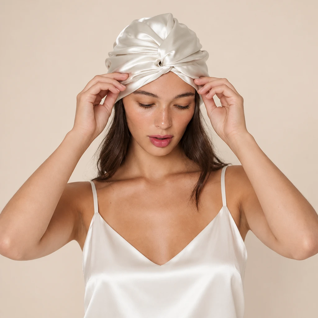 Modelo luciendo Gorro de Seda de Morera Estándar - Blanco Perla