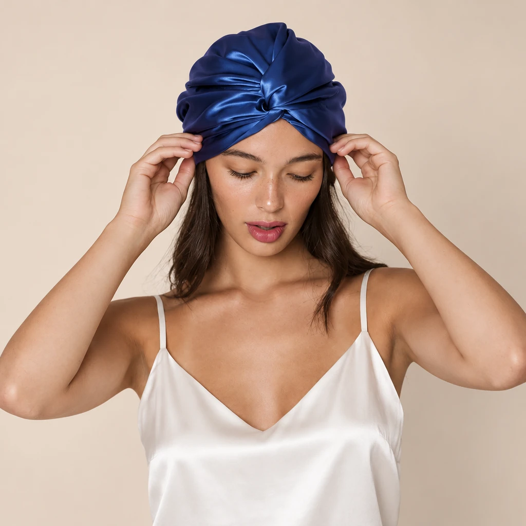 Modelo luciendo Gorro de Seda de Morera Estándar - Azul Marino Real