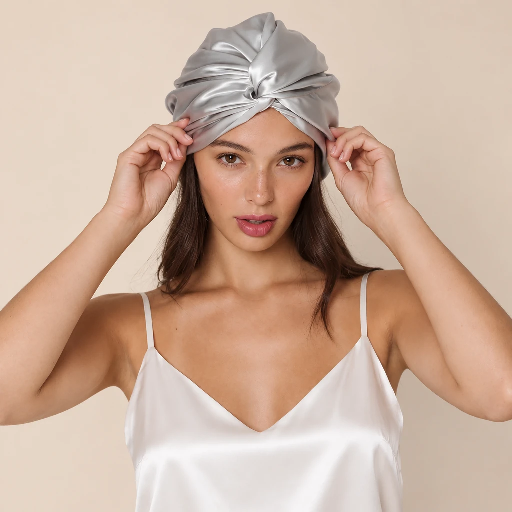 Modelo luciendo Gorro de Seda de Morera Estándar - Gris Plata