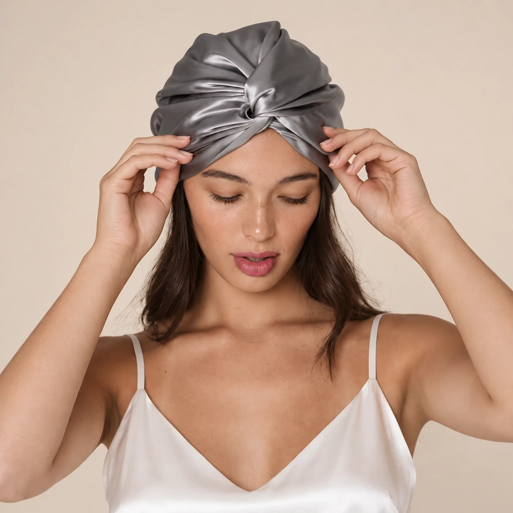 Modelo luciendo Gorro de Seda de Morera Estándar - Gris Pizarra