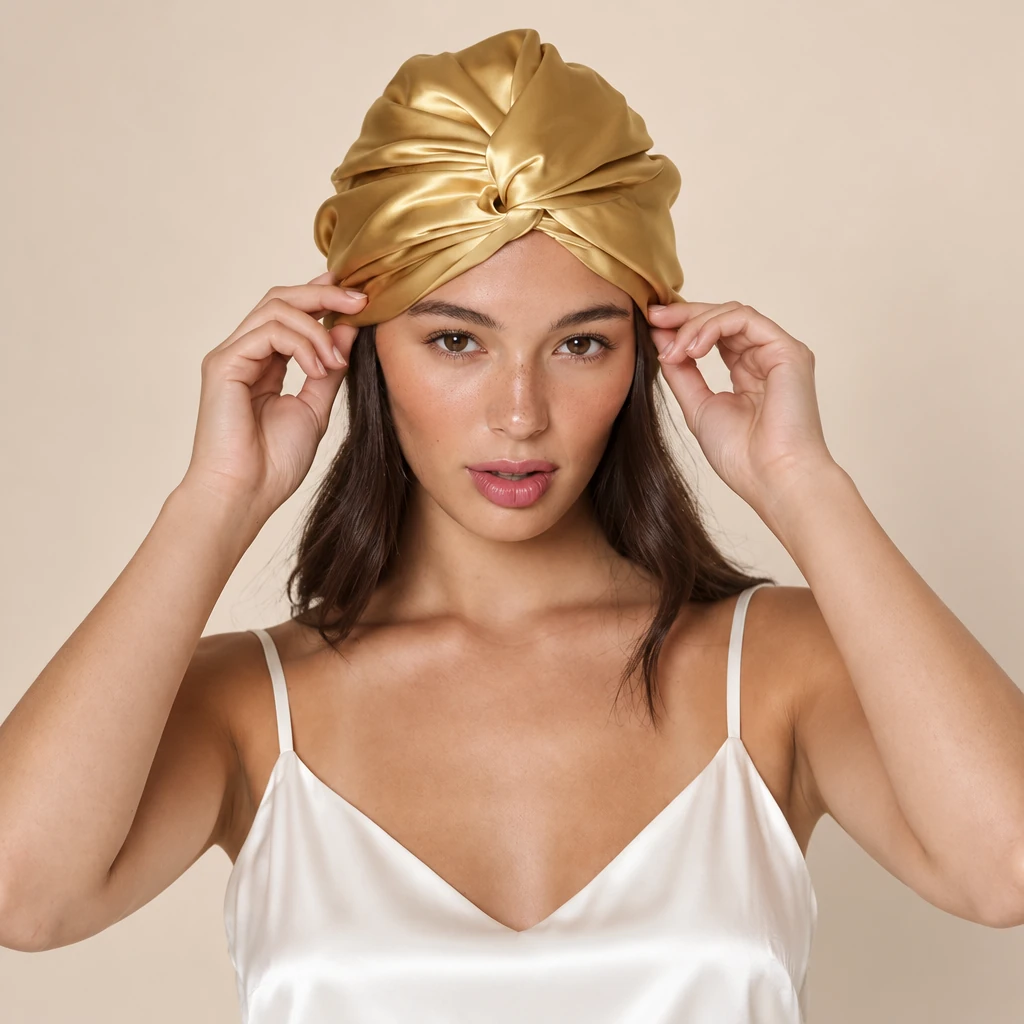 Modelo luciendo Gorro de Seda de Morera Estándar - Oro Cálido